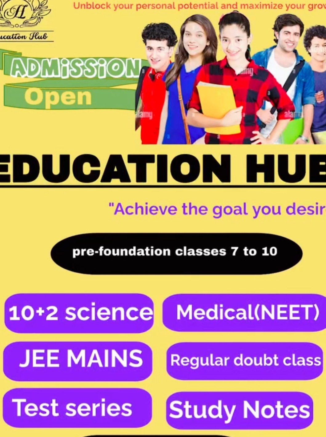 Education Hub admission poster listing pre-foundation, science, JEE, NEET, test series and study notes, cropped to remove outdated contact details